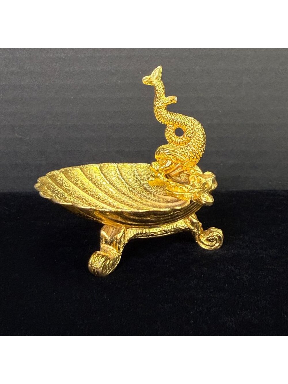 Vintage Gold Tone Asian Fish and Clam Shell Trinket Ring Dish